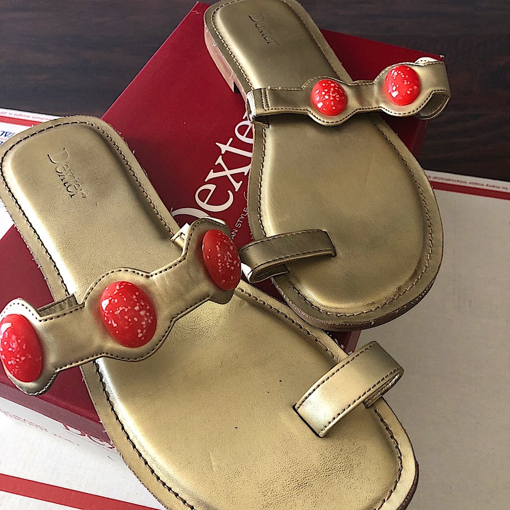 Dexter Metallic Gold Sandals coral red embellished Gillie Toe Loop Slide Sandal